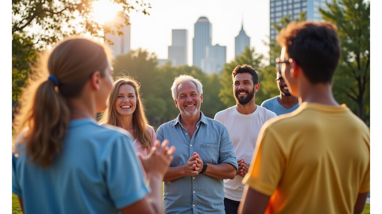 Diverse group of adults (35+) smiling and engaging in a wellness activity in a modern, bright community space in Dallas.