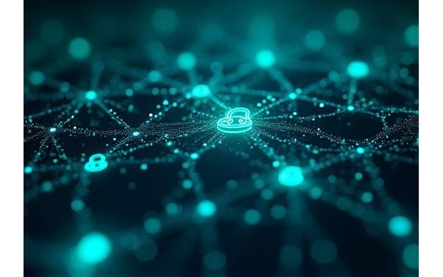 Stylized abstract graphic representing strong encryption and data protection, with interconnected digital locks and secure pathways
